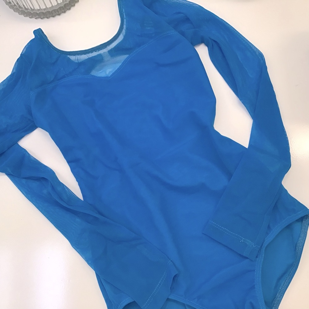 Just Dance Custom Dancewear Blue Mesh Leotard YL Like New!